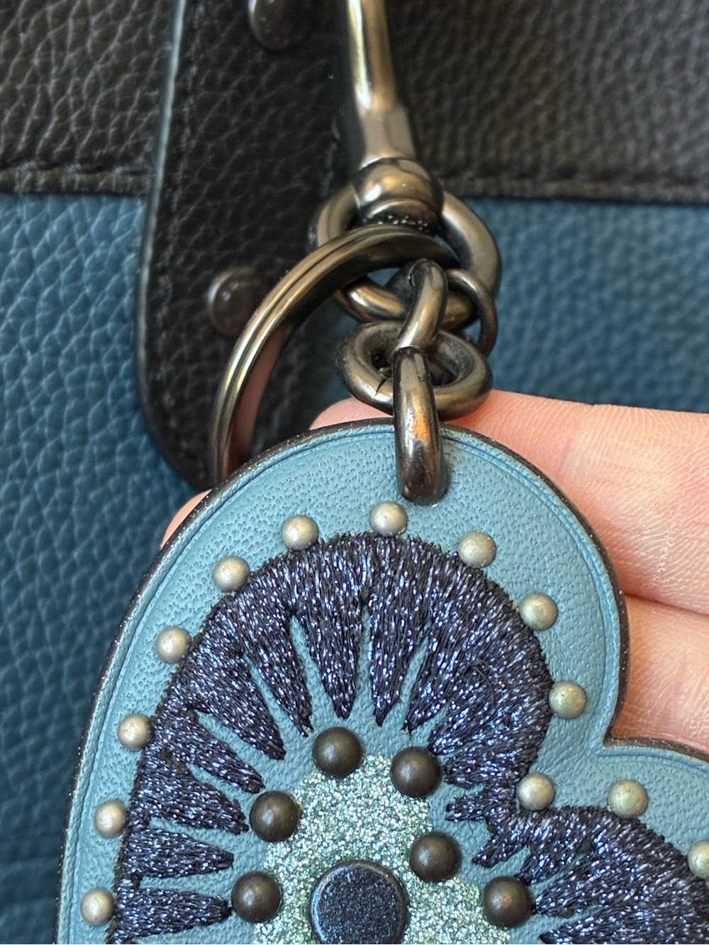 Coach Embroidered Glitter Heart Bag Charm Key Chain With Rivets, Blue / Gunmetal - Picture 15 of 16